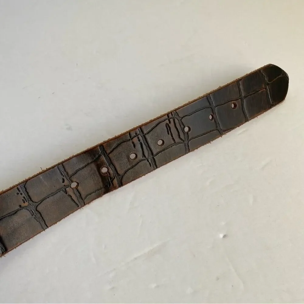 Brown Italian Leather Belt Mock Croc Embossed Statement Silver Buckle Mens Large